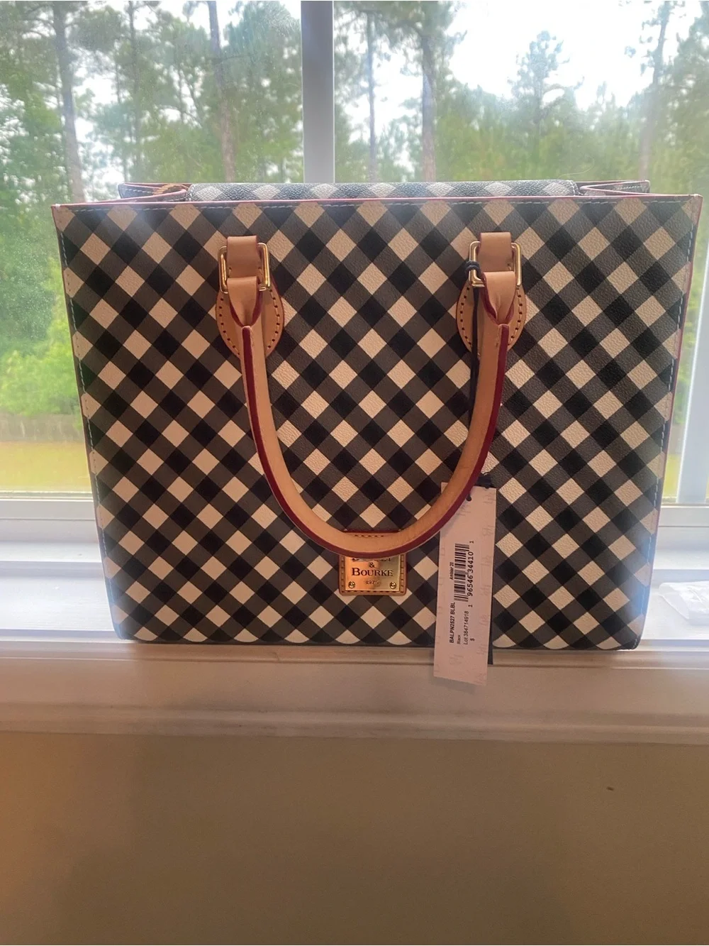 Dooney & Bourke Black and White Gingham Satchel with Tan Trim